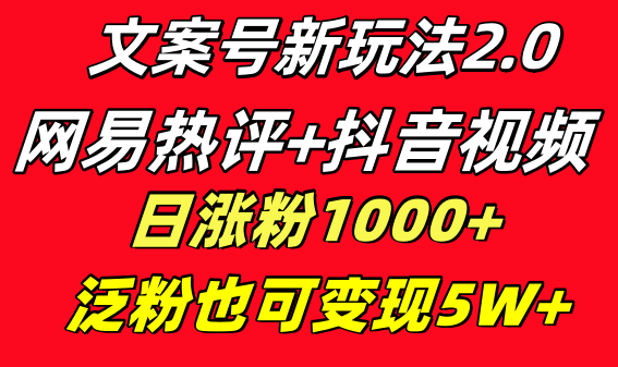 文案号新玩法 网易热评+抖音文案 一天涨粉1000+ 多种变现模式 泛粉也可变现昊趣阁资源网昊趣阁资源网
