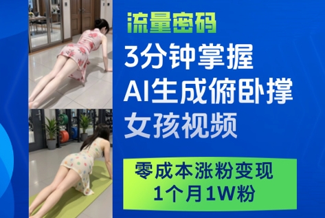 3分钟掌握AI生成俯卧撑女孩视频，零成本涨粉变现，1个月1W粉昊趣阁资源网昊趣阁资源网
