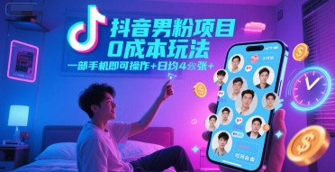 抖音男粉项目0成本玩法，一部手机即可操作，日均4张+，时间自由昊趣阁资源网昊趣阁资源网