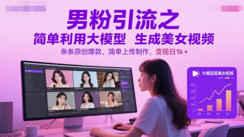 男粉引流之简单利用大模型生成美女视频,条条原创爆款,简单上传制作,变现日1k+昊趣阁资源网昊趣阁资源网