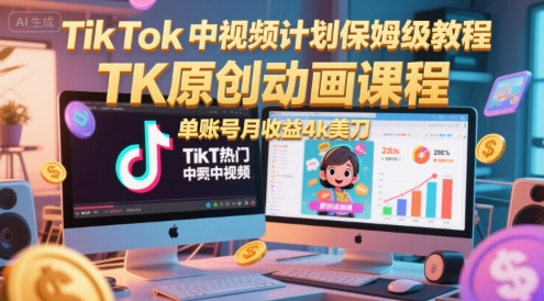 TikTok中视频计划保姆级教程,TK原创动画课程,单账号月收益4k美刀昊趣阁资源网昊趣阁资源网