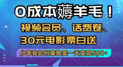 0成本薅羊毛!视频会员、话费卷、30元电影票白送，分享我如何靠转卖一天变现5张+【揭秘】昊趣阁资源网昊趣阁资源网