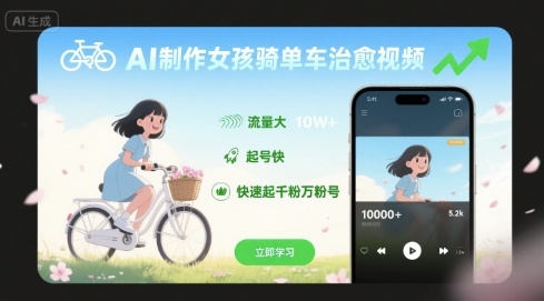 AI制作女孩骑单车治愈视频,流量大,起号快,快速起千粉万粉号昊趣阁资源网昊趣阁资源网