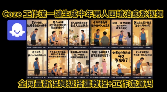 coze工作流一键生成”中年男人困境扎心高涨粉高播放量图文视频”保姆级拆解教程，无需剪辑，无需拍摄写文案昊趣阁资源网昊趣阁资源网