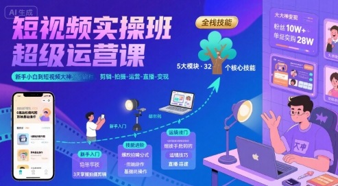 短视频实操班超级运营课,新手小白到短视频大神必修课程,剪辑-拍摄-运营-直播-变现昊趣阁资源网昊趣阁资源网