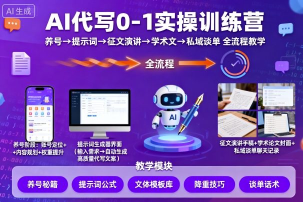 AI代写0-1实操训练营，从养号、提示词、征文演讲、学术文，到私域谈单的全流程教学昊趣阁资源网昊趣阁资源网