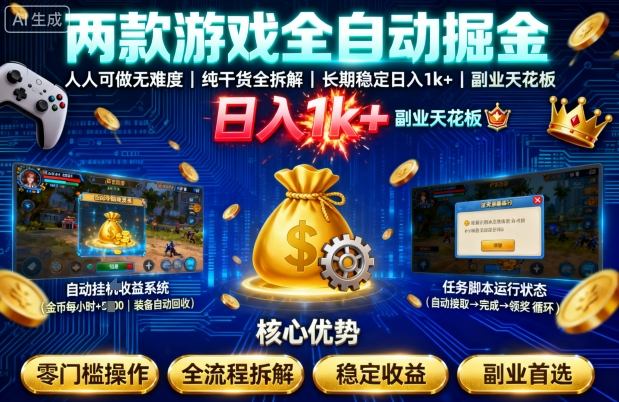 两款游戏全自动掘金，人人可做无难度，纯干货全拆解，长期稳定，日入1k+，副业天花板【揭秘】昊趣阁资源网昊趣阁资源网