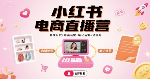 小红书电商直播营，直播带货+店铺运营+笔记运营=全电商昊趣阁资源网昊趣阁资源网