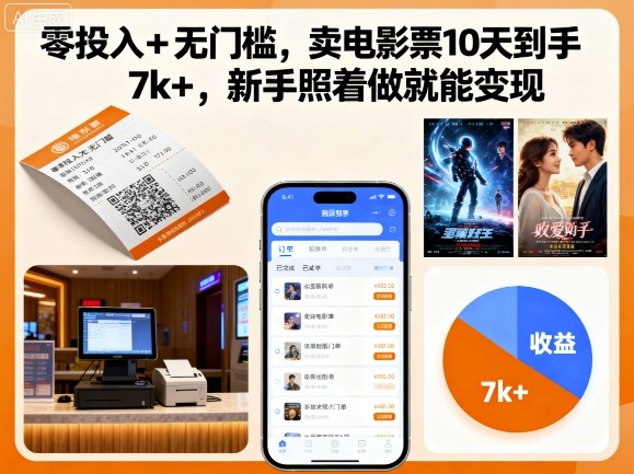 零投入+无门槛,卖电影票10天到手7k+,新手照着做就能变现【揭秘】昊趣阁资源网昊趣阁资源网