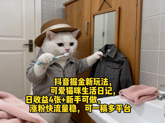 抖音掘金新玩法，可爱猫咪生活日记，日收益4张+新手可做，涨粉快流量稳，可一稿多平台昊趣阁资源网昊趣阁资源网