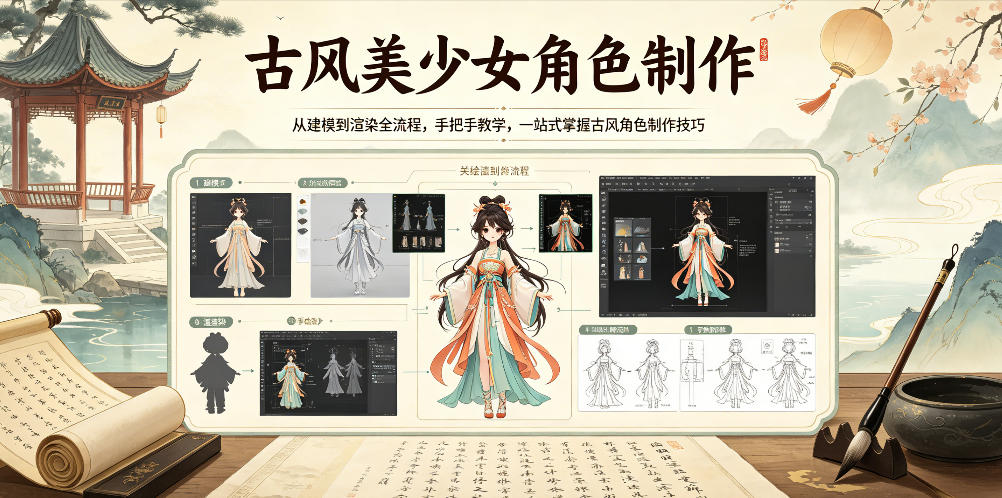 古风美少女角色制作，从建模到渲染全流程，手把手教学，一站式掌握古风角色制作技巧昊趣阁资源网昊趣阁资源网