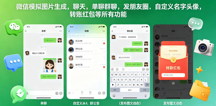 微信模拟图片生成，聊天，单聊群聊，发朋友圈，自定义名字头像，转账红包等所有功能都可以生成昊趣阁资源网昊趣阁资源网