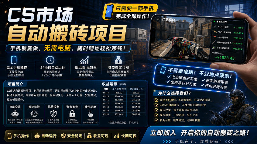 手机即可操作的CS市场自动搬砖系统｜自动监控｜自动下单|日入300+【揭秘】昊趣阁资源网昊趣阁资源网