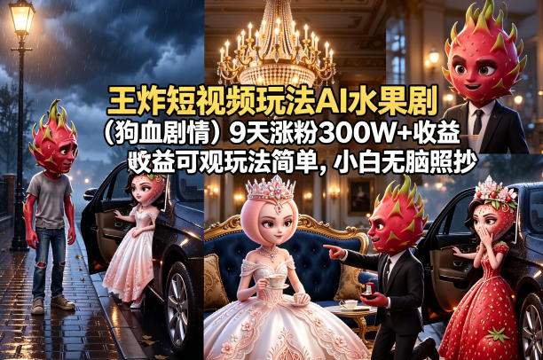 王炸短视频玩法AI水果剧（狗血剧情）9天涨粉300W+收益可观玩法简单，小白无脑照抄，详细拆解玩法昊趣阁资源网昊趣阁资源网