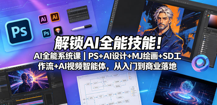 解锁AI全能技能！AI全能系统课｜PS+AI设计+MJ绘画+SD工作流+AI视频智能体，从入门到商业落地昊趣阁资源网昊趣阁资源网