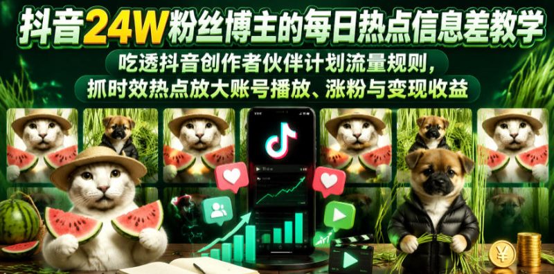 抖音24W粉丝博主的每日热点信息差教学,吃透创作者伙伴计划流量规则,抓时效热点放大账号播放、涨粉与变现收益(更新)昊趣阁资源网昊趣阁资源网