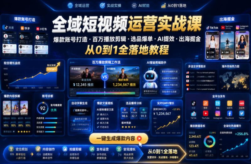 全域短视频运营实战课,爆款账号打造・百万播放剪辑・选品爆单・AI提效・出海掘金,从0到1全落地教程昊趣阁资源网昊趣阁资源网