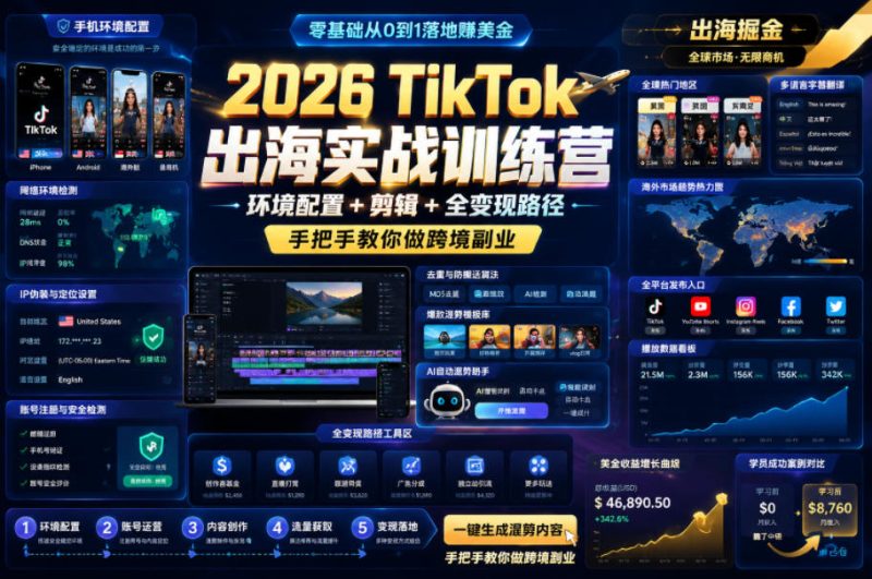 2026 TikTok出海实战训练营,环境配置 + 剪辑 + 全变现路径,手把手教你做跨境副业昊趣阁资源网昊趣阁资源网
