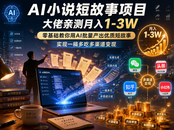 AI小说短故事项目,大佬亲测月入1-3W,零基础教你用AI批量产出优质短故事,实现一稿多吃多渠道变现昊趣阁资源网昊趣阁资源网