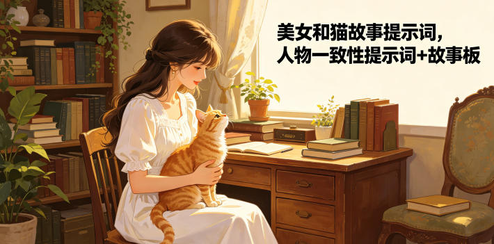 美女和猫故事提示词，人物一致性提示词+故事板昊趣阁资源网昊趣阁资源网