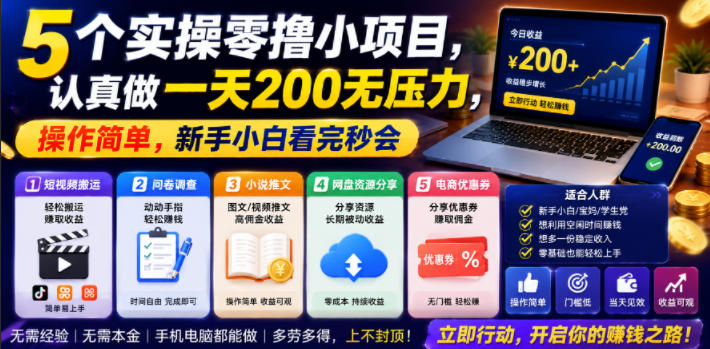 5个实操零撸小项目，认真做一天200无压力，操作简单，新手小白看完秒会【揭秘】昊趣阁资源网昊趣阁资源网