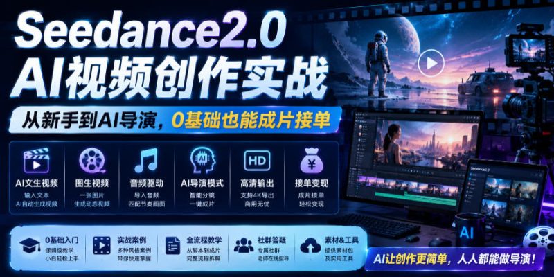 Seedance2.0 AI视频创作实战,从新手到AI导演,0基础也能成片接单变现昊趣阁资源网昊趣阁资源网
