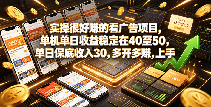 实操很好賺的看广告项目，单机单日收益稳定在40至50，单日保底收入30，多开多賺，上手就能变现【揭秘】昊趣阁资源网昊趣阁资源网