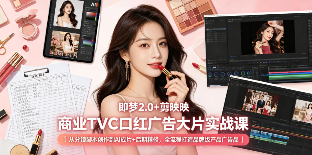即梦2.0+剪映商业TVC口红广告大片实战课｜从分镜脚本创作到AI成片+后期精修，全流程打造品牌级产品广告昊趣阁资源网昊趣阁资源网
