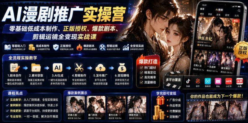 AI漫剧推广实操营｜零基础低成本制作、正版授权、爆款剧本、剪辑运镜全变现实战课昊趣阁资源网昊趣阁资源网