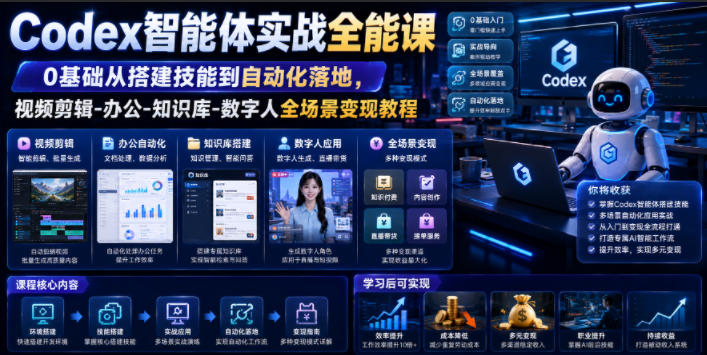 Codex智能体实战全能课|0基础从搭建技能到自动化落地,视频剪辑-办公-知识库-数字人全场景变现教程昊趣阁资源网昊趣阁资源网