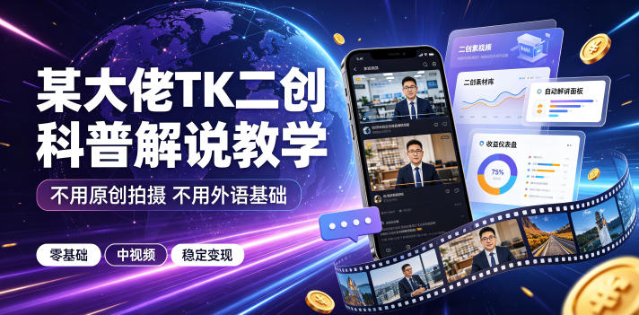 某大佬TK二创科普解说教学，不用原创拍摄不用外语基础，零基础做TikTok中视频稳定变现昊趣阁资源网昊趣阁资源网