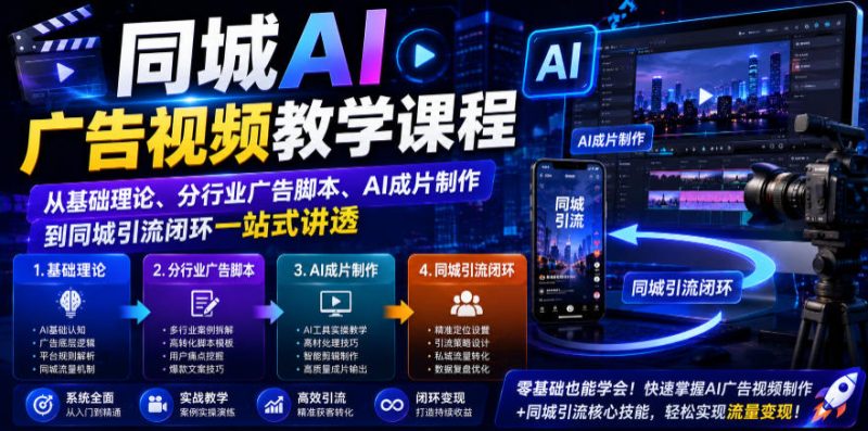 同城AI广告视频教学课程，从基础理论、分行业广告脚本、AI成片制作到同城引流闭环一站式讲透昊趣阁资源网昊趣阁资源网