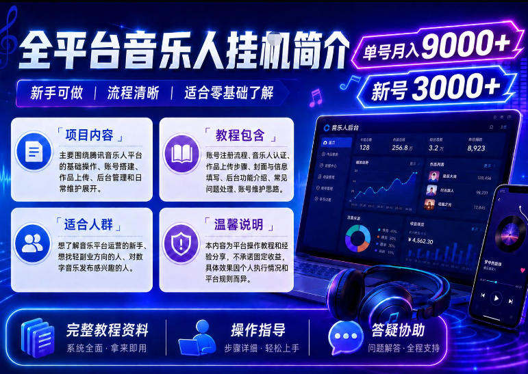 全平台音乐类挂G，单机单号月入9000+，可矩阵，可工作室放大操作【揭秘】昊趣阁资源网昊趣阁资源网