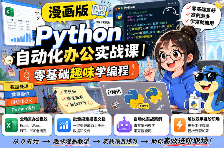 漫画版Python自动化办公实战课｜零基础趣味学编程，全场景办公提效、批量搞定报表文档、解放双手进阶职场昊趣阁资源网昊趣阁资源网