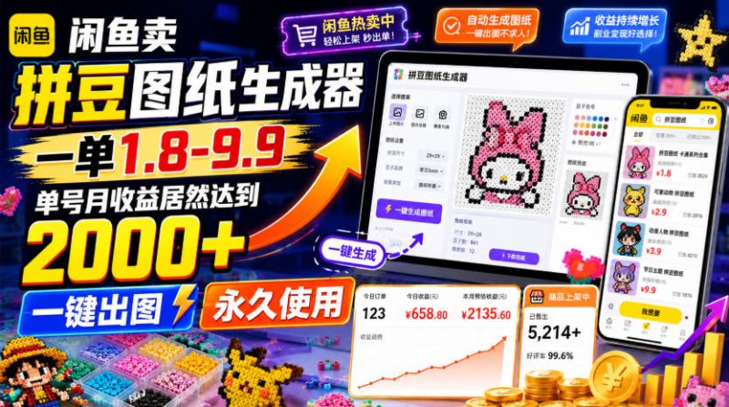 闲鱼卖拼豆图纸生成器,一单1.8-9.9,单号月收益居然达到2000+一键出图永久使用昊趣阁资源网昊趣阁资源网