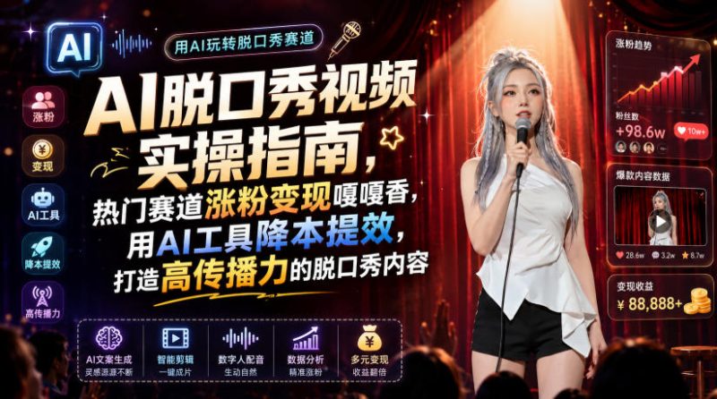 AI脱口秀视频实操指南，热门赛道涨粉变现嘎嘎香，用AI工具降本提效，打造高传播力的脱口秀内容昊趣阁资源网昊趣阁资源网