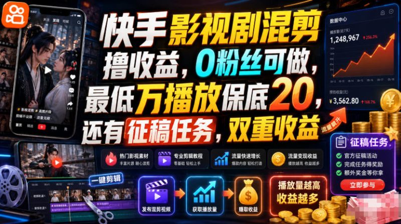 快手影视剧混剪撸收益，0粉丝可做，最低万播放保底20，还有征稿任务，双重收益昊趣阁资源网昊趣阁资源网