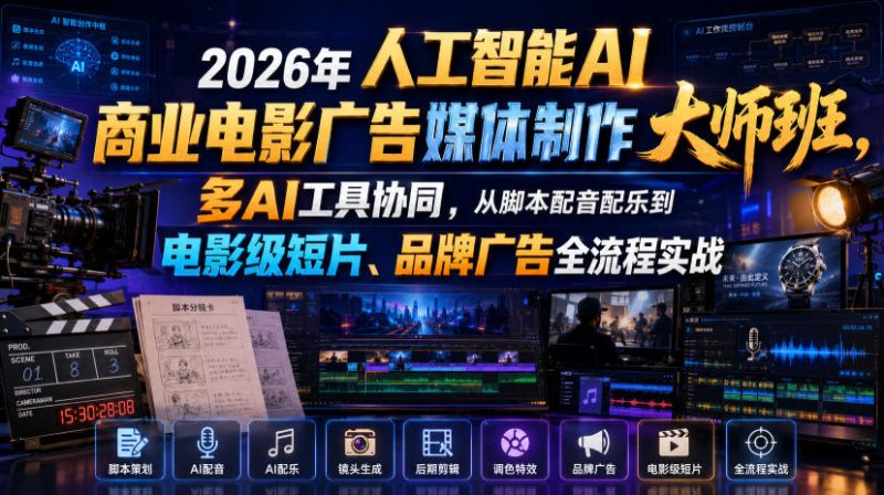 2026年人工智能AI商业电影广告媒体制作大师班,多AI工具协同,从脚本配音配乐到电影级短片、品牌广告全流程实战(中英字幕)昊趣阁资源网昊趣阁资源网