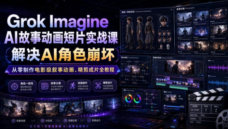 Grok Imagine AI故事动画短片实战课｜解决AI角色崩坏，从零制作电影级叙事动画、精剪成片全教程（中英字幕）昊趣阁资源网昊趣阁资源网