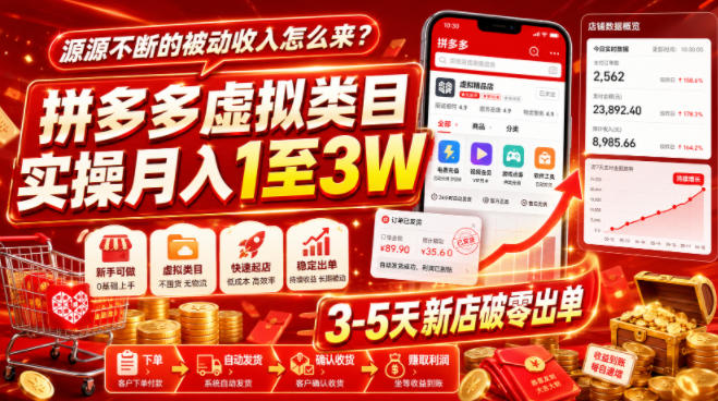 源源不断的被动收入怎么来?拼多多虚拟类目实操月入1至3W,3-5天新店破零出单昊趣阁资源网昊趣阁资源网