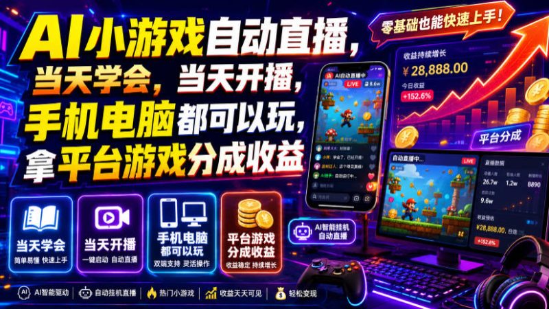 AI小游戏自动直播,当天学会,当天开播,手机电脑都可以玩,拿平台游戏分成收益昊趣阁资源网昊趣阁资源网