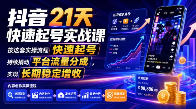抖音21天快速起号实战课,按这套实操流程快速起号,持续撬动平台流量分成,实现长期稳定增收昊趣阁资源网昊趣阁资源网