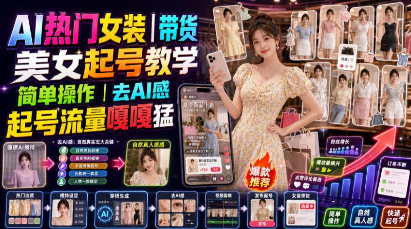 AI热门女装带货丨美女起号教学,简单操作,去AI感,起号流量嘎嘎猛昊趣阁资源网昊趣阁资源网