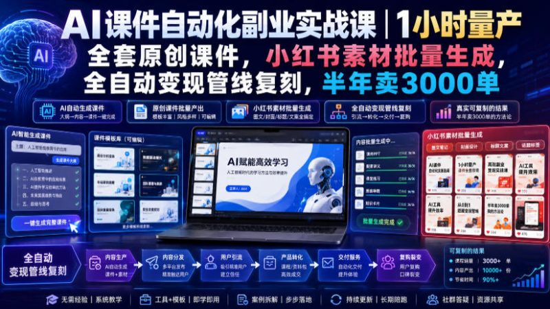 AI课件自动化副业实战课|1小时量产全套原创课件,小红书素材批量生成,全自动变现管线复刻,半年卖3000单昊趣阁资源网昊趣阁资源网