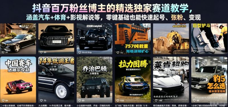 抖音百万粉丝博主的精选独家赛道教学,涵盖汽车+体育+影视解说等,零基础也能快速起号、涨粉、变现(更新0701)昊趣阁资源网昊趣阁资源网