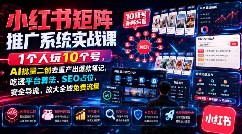 小红书矩阵推广系统实战课｜1个人玩10个号，AI批量二创去重产出爆款笔记，吃透平台算法、SEO占位、安全导流，放大全域免费流量昊趣阁资源网昊趣阁资源网