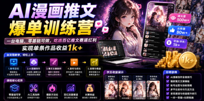 AI漫画推文爆单训练营,一台电脑,零基础可做,吃透百亿推文赛道红利,实现单条作品收益1k+昊趣阁资源网昊趣阁资源网