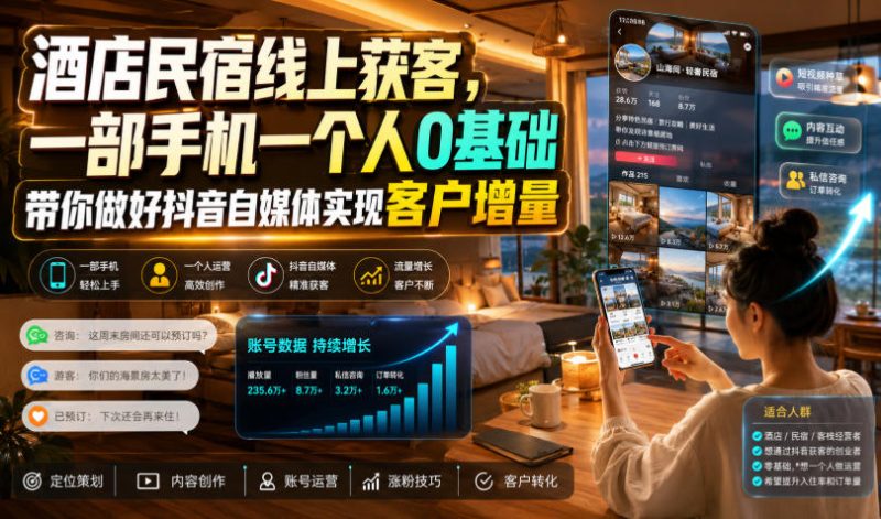 酒店民宿线上获客,一部手机一个人0基础带你做好抖音自媒体实现客户增量昊趣阁资源网昊趣阁资源网