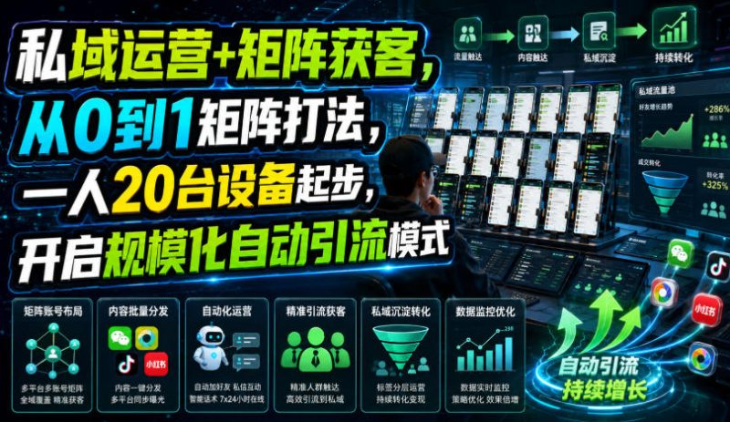私域运营+矩阵获客,从0到1矩阵打法,一人20台设备起步,开启规模化自动引流模式!昊趣阁资源网昊趣阁资源网