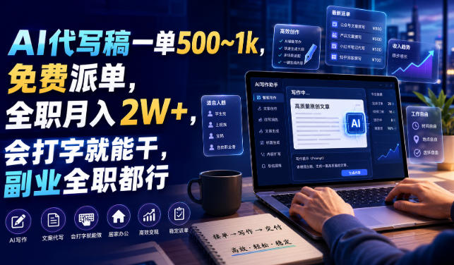 AI代写稿一单500~1k,免费派单,全职月入2W+,会打字就能干,副业全职都行【揭秘】昊趣阁资源网昊趣阁资源网